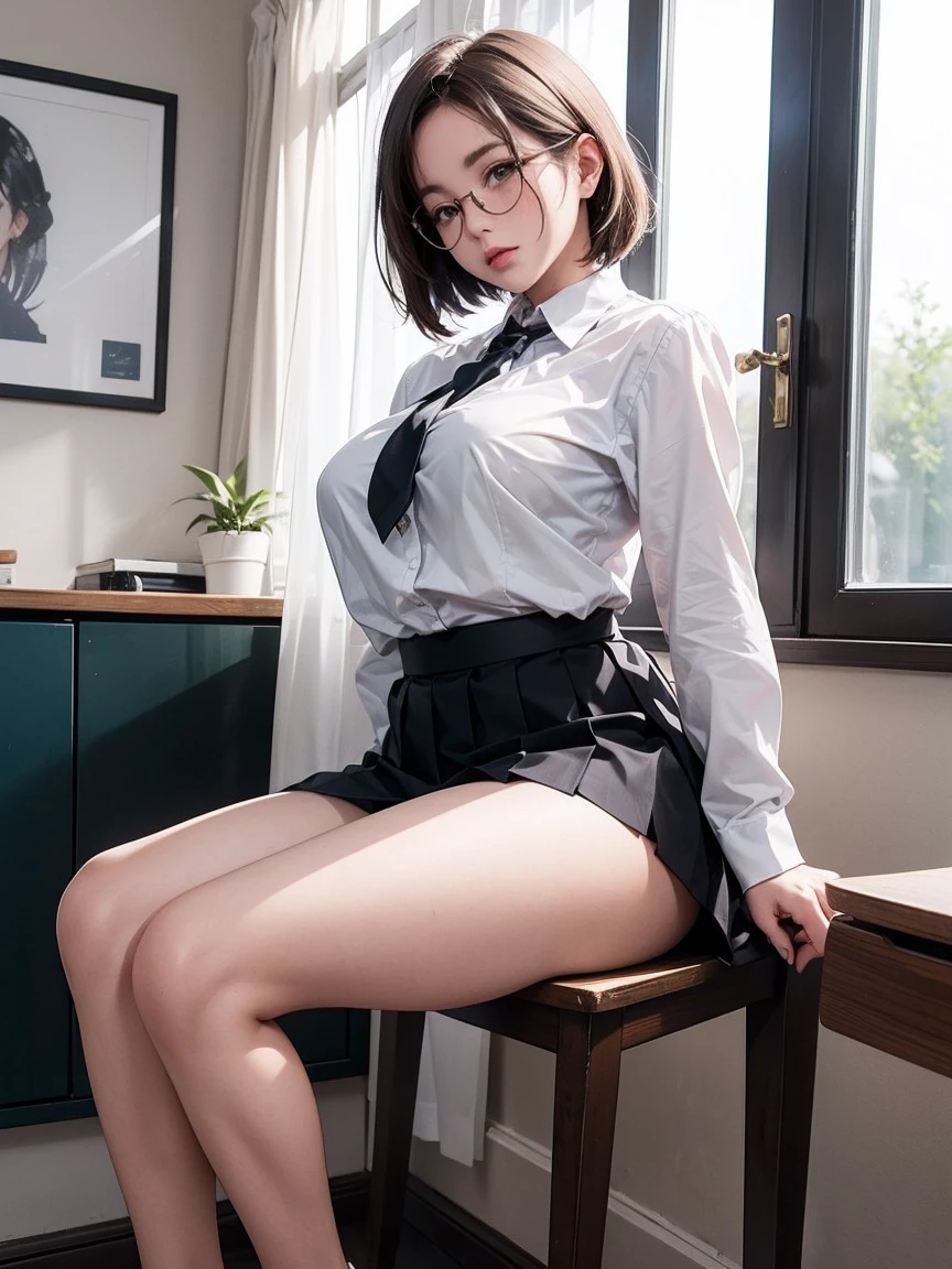 8k, RAW Photos, Best Quality, masterpiece, Realistic, Realistic, (1 Ultimate Beauty),(Please make sure that photos only include one person)、Japanese women, , (Black short bob hair), Plump body, Black Eyes,(Wear rimless glasses) Japanese school girl uniform, (Wearing a white shirt), Huge breasts, Light grey pleated skirt, Sit on a chair, Seductive pose, Full Body Shot, Sensual look, In the classroom