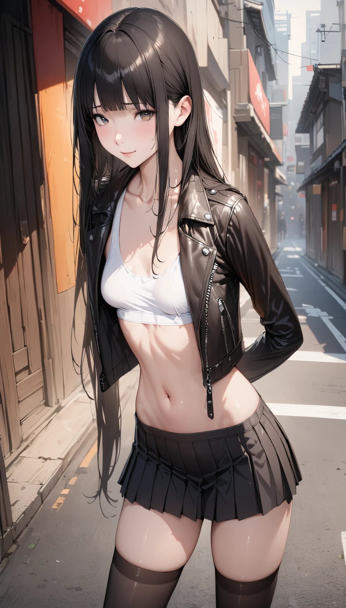 (Long Black Hair:1.5)　(Girl with flat chest:1.5) (short bangs:1.5)　(flat breast:1.5)　(small tits:1.5)　(Black bra:1.5)　(hotpants:1.5)　(Reddened cheeks:1.5)　(In the street:1.5)