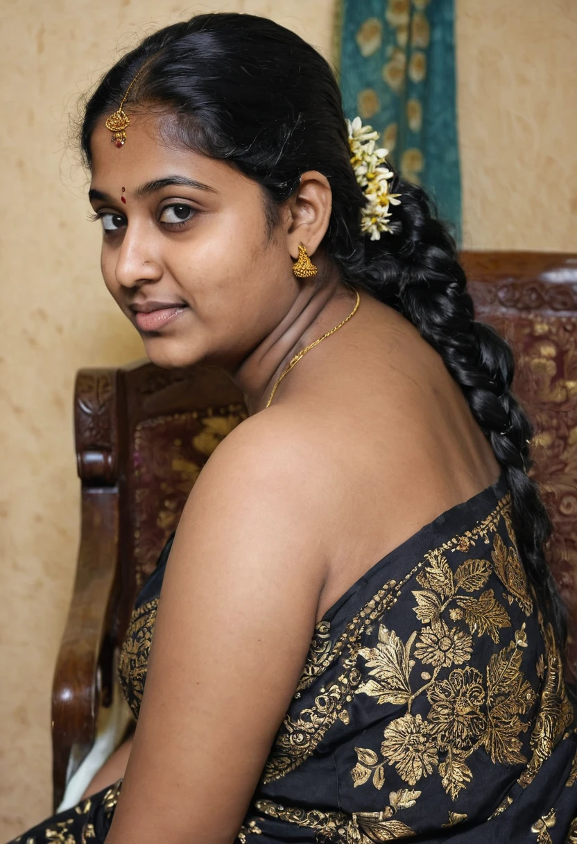 A photo of a indian girl of 23 yo with her mom, dark skin, south indian, traditional, busty, thick, chubby, plus sized, with long black hair, seated elegantly on a vintage-style chair. She wears a deep black blouse with a floral kurtha , long locket, braid on front, golden ornaments, bathtub, a boy standing behind, Afternoon, closeup,  wide blouse edges on shoulders revealing naked skin of shoulder