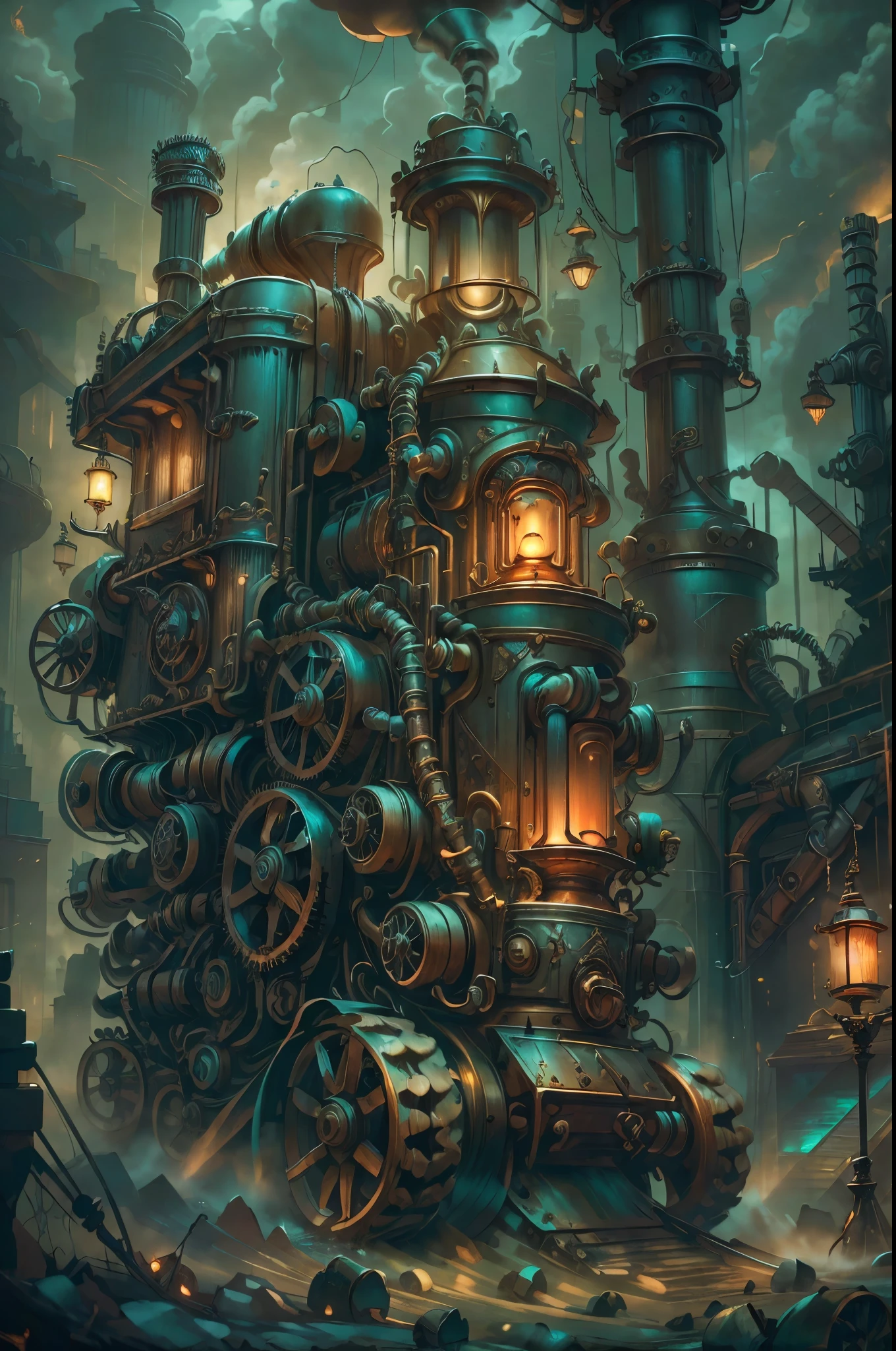 a heavy machinery, excavator, industrial machinery, construction site, gaslight, fantasy, gothic, dramatic lighting, cinematic, chiaroscuro, detailed gears and mechanisms, intricate details, steam punk, dark fantasy, moody atmosphere, muted colors, dramatic shadows, highly detailed, 8K, photorealistic, masterpiece