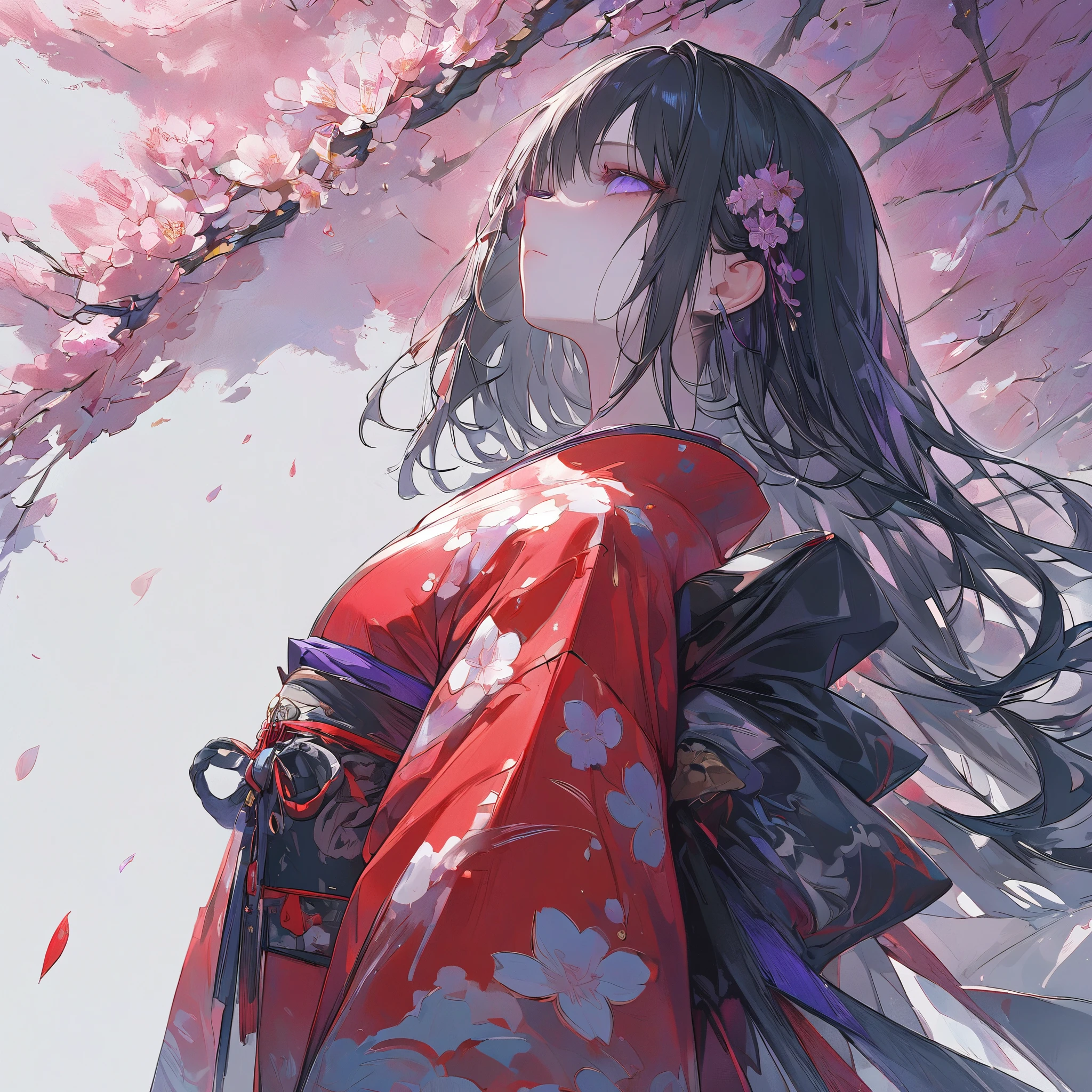 High resolution, High resolution, masterpiece, masterpiece, accurate, Winner of numerous awards, Best Quality, High detail, Very detailed, Ultra high definition, Textured skin, Alone, White background、Black straight hair、Look at, Purple eyes, Red-based kimono with cherry blossom pattern、Side Shot、Wide Shot、Anatomically correct, Petals with gold borders、Sophisticated、Japanese Tradition、colorful