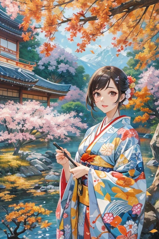 Distant Mountains々Beautiful rural landscape surrounded by。hay、Little girl with dazzling smile playing cheerfully in the countryside。She wears an old traditional kimono、I wear a small farm apron over it。

Having a hand、She is playing with graceful poses.。Temari is rich in colorful colors、Traditional Japan patterns and pretty flowers are drawn.。The sight of her rolling her hands with her fine fingertips、It seems that elegance and innocence coexist。

There are fields where vegetables and fruits grow in the surrounding area.、In the rice fields, ears of rice are swaying in the wind。Small birds flying around while chirping、In the distance, you can hear the murmur of the clear river。Her smile as she became one with nature、In harmony with this beautiful rural landscape、It colors a smiling moment。