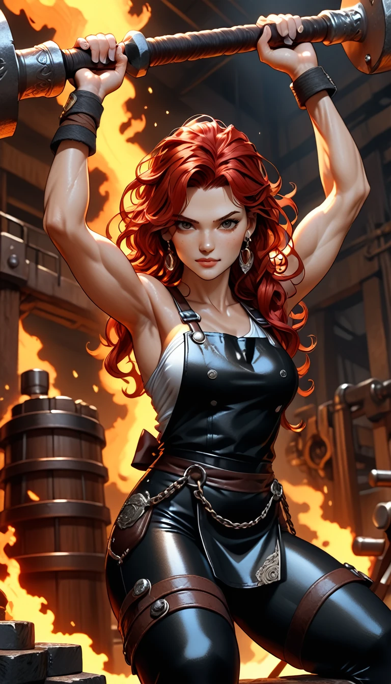 1woman, goddess of the forge, Hephaestus, ((blacksmith woman)), middle-aged woman in her 40s, ((high resolution)), intricately detailed facial features, detailed piercing eyes, refined jawline, masterpiece, 8k, UHD, HDR, overhead swing pose, cinematic lighting, dramatic shadows, warm color tones, intricate details, hyper-detailed, toned muscle physique, ((wavy hair, medium length, red with black tips)), burn scars on chest and arms, (wearing leather apron, apron with glowing symbols), (button up shirt, tight, black) , (yoga pants, skintight, white), (work boots, flat heeled, black), ((swings a huge smithy hammer in one hand over her head)), smith's hammer glows, standing in front an angelic anvil, (set inside a massive automated factory:1.37), battle hammer, (spl1th41r, two tone hair, red/black hair)