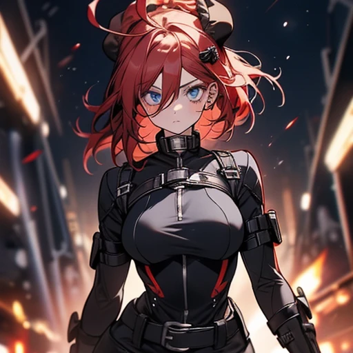 1girl,solo,girl wide hips, girl, blue eyes, hair ornament, ahoge,,Ghastly, large goggles, red hair ,blue eyes, hair bun, lips, black elbow gloves, red bodysuit, black thigh boots, belt,Facial expression