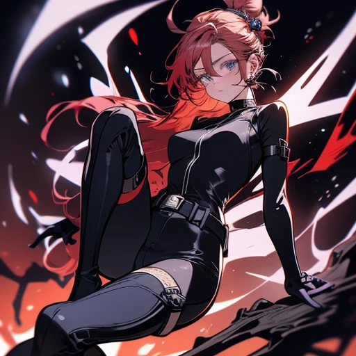 1girl,solo,girl wide hips, girl, blue eyes, hair ornament, ahoge,,Ghastly, large goggles, red hair ,blue eyes, hair bun, lips, black elbow gloves, red bodysuit, black thigh boots, belt,Facial expression