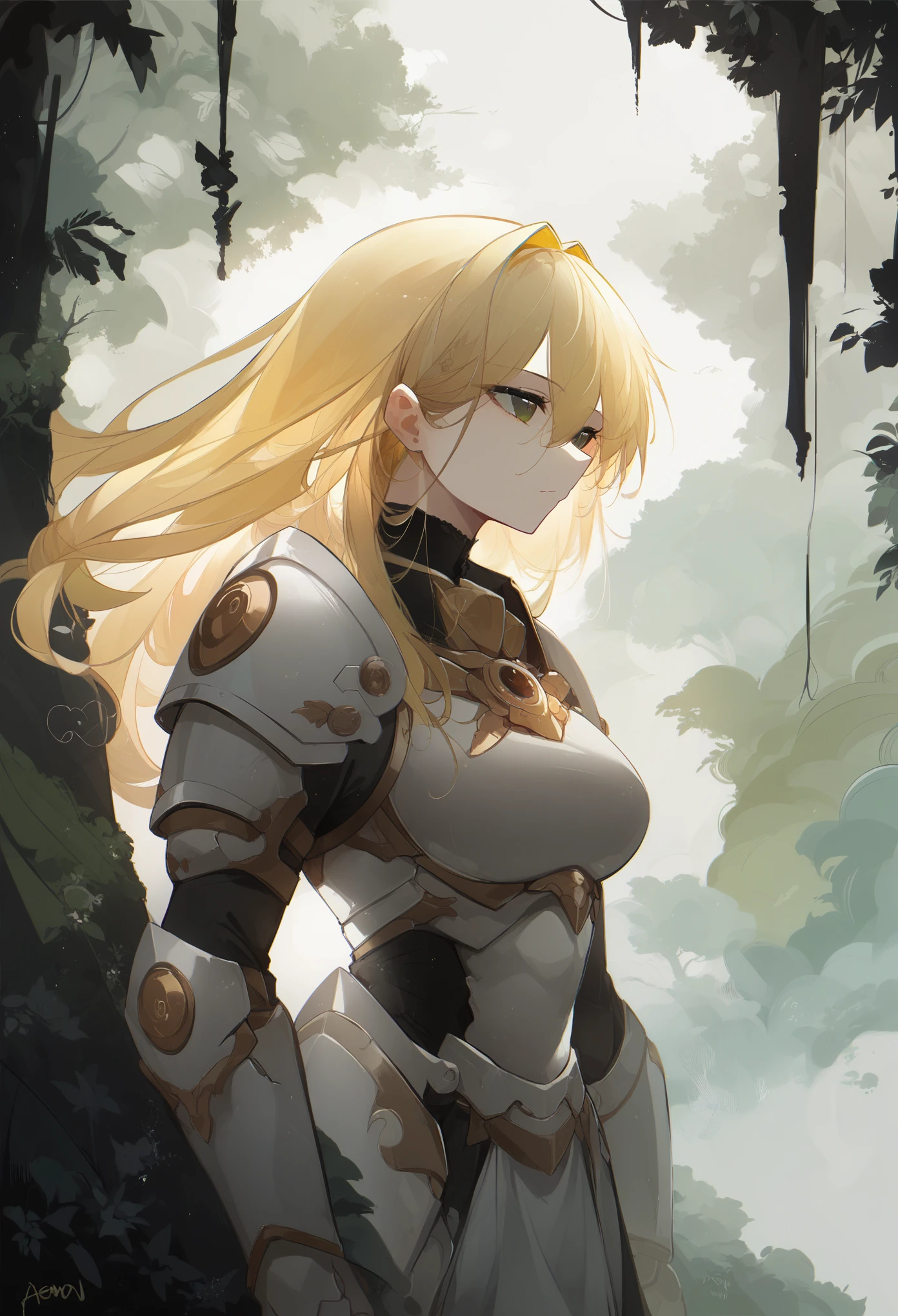 agm-artist-richy-v1_pdxl, 1girl, solo, blonde hair, light armor, forest background