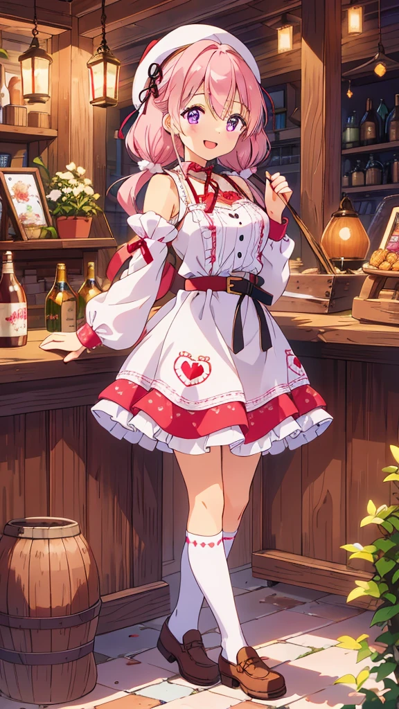 ((8k, Highest quality, masterpiece: 1.3)),Ultra-high resolution,(1 girl, alone), Highly detailed dark purple eyes, Highly detailed face, 
Inside a rustic, cozy tavern illuminated by warm lantern light, a lively anime-style girl stands alone. She has light pink hair styled into twintails, which curl slightly at the ends, giving her a playful and energetic look. She wears a red beret with fluffy white pompoms, matching the festive and cute elements of her outfit. Her attire is predominantly pink, with accents of white and black, decorated with heart motifs and gold armor elements, such as her shoulder guard and belt buckle. A heart-shaped cutout on her top adds a charming detail, emphasizing her vibrant personality.
The girl seems cheerful, perhaps chatting to herself or lost in thought, as she leans slightly against the wooden counter. Around her, the tavern is filled with charming details: wooden barrels, shelves stocked with various bottles and goods, and hanging plants that contribute to the medieval, market-town atmosphere. The quietness of the scene, with just the girl present, creates a peaceful yet vibrant moment, capturing the charm of solitude in an otherwise lively place.