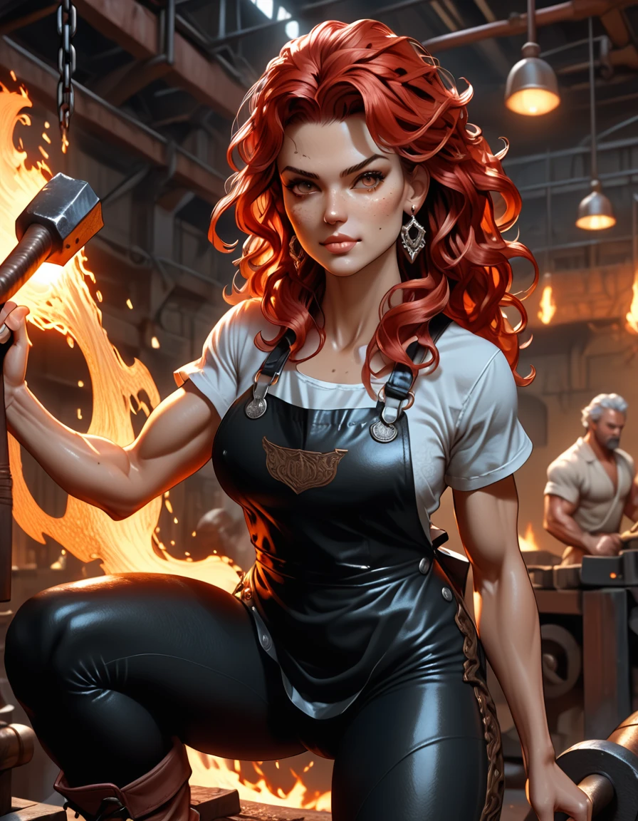 1woman, goddess of the forge, Hephaestus, ((blacksmith woman)), middle-aged woman in her 40s, ((high resolution)), intricately detailed facial features, detailed piercing eyes, refined jawline, masterpiece, 8k, UHD, HDR, overhead swing pose, cinematic lighting, dramatic shadows, warm color tones, intricate details, hyper-detailed, toned muscle physique, ((wavy hair, medium length, red with black tips)), burn scars on chest and arms, (wearing leather apron, apron with glowing symbols), (button up shirt, tight, black) , (yoga pants, skintight, white), (work boots, flat heeled, black), ((swings a huge smithy hammer in one hand over her head)), smith's hammer glows, standing in front an angelic anvil, (set inside a massive automated factory:1.37), battle hammer, (spl1th41r, two tone hair, red/black hair)