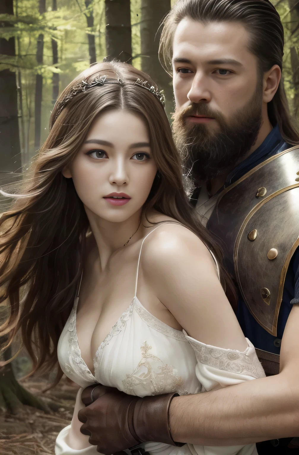 (masterpiece、Best Quality、Ultra-high resolution)、(Perfect Face、Beautiful Face、Beautiful Eyes)、Female Warrior、sword、Gloves、Cloth clothing、shield、swordを構える、Circlet、In the forest、Surrounded by a lot of men、orc、Man grabs woman、Bearded man touching woman&#39;s breast、Male molester、Blushing