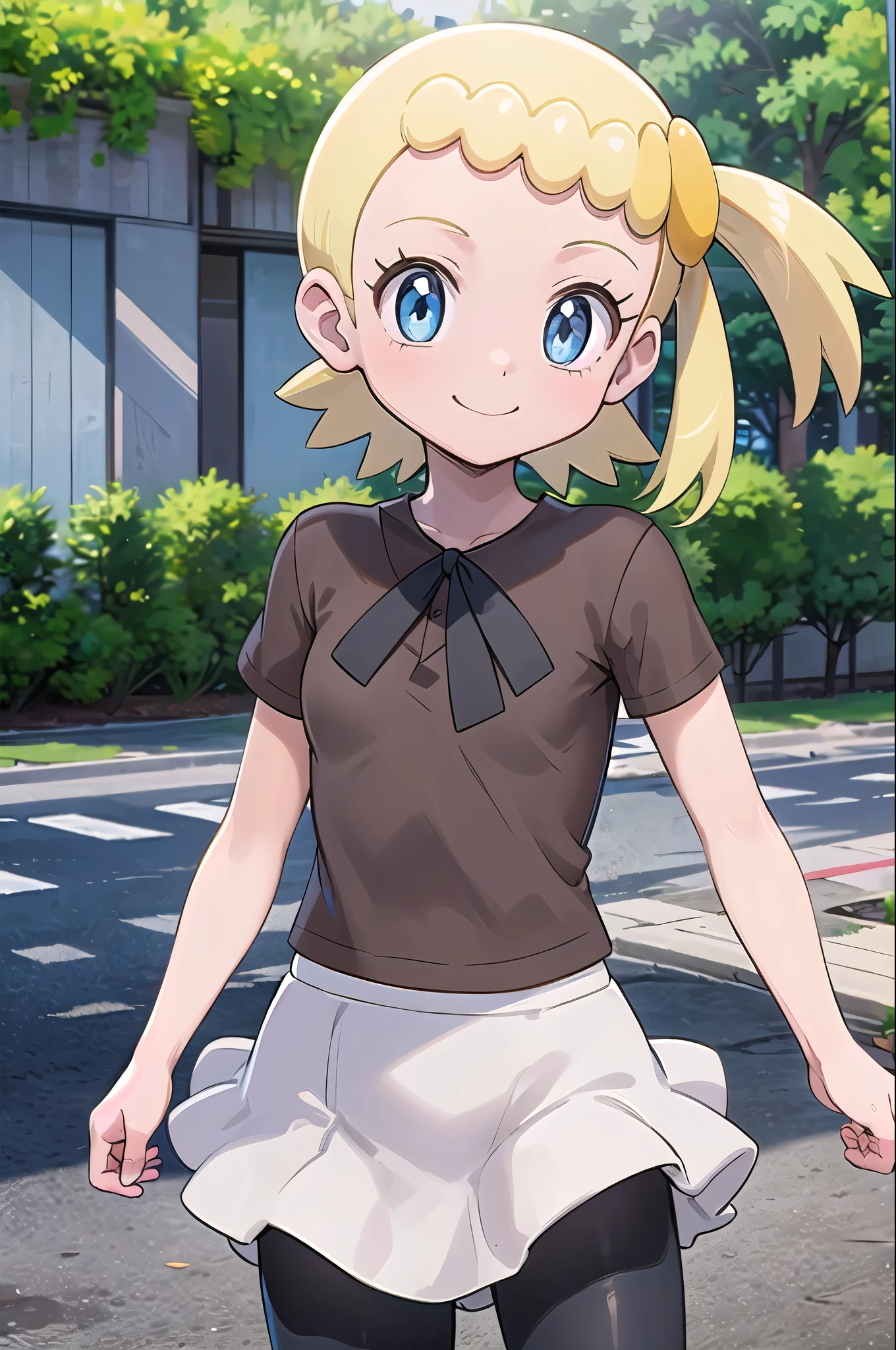 masterpiece,best quality,1girl,bonnie \(pokemon\),bonnie_pokemon,blonde hair,short hair,hair ornament,side ponytail,blue eyes,eyelashes,brown shirt,short sleeves,skirt,white skirt,bike shorts,light smile,looking at viewer,street,outdoors,