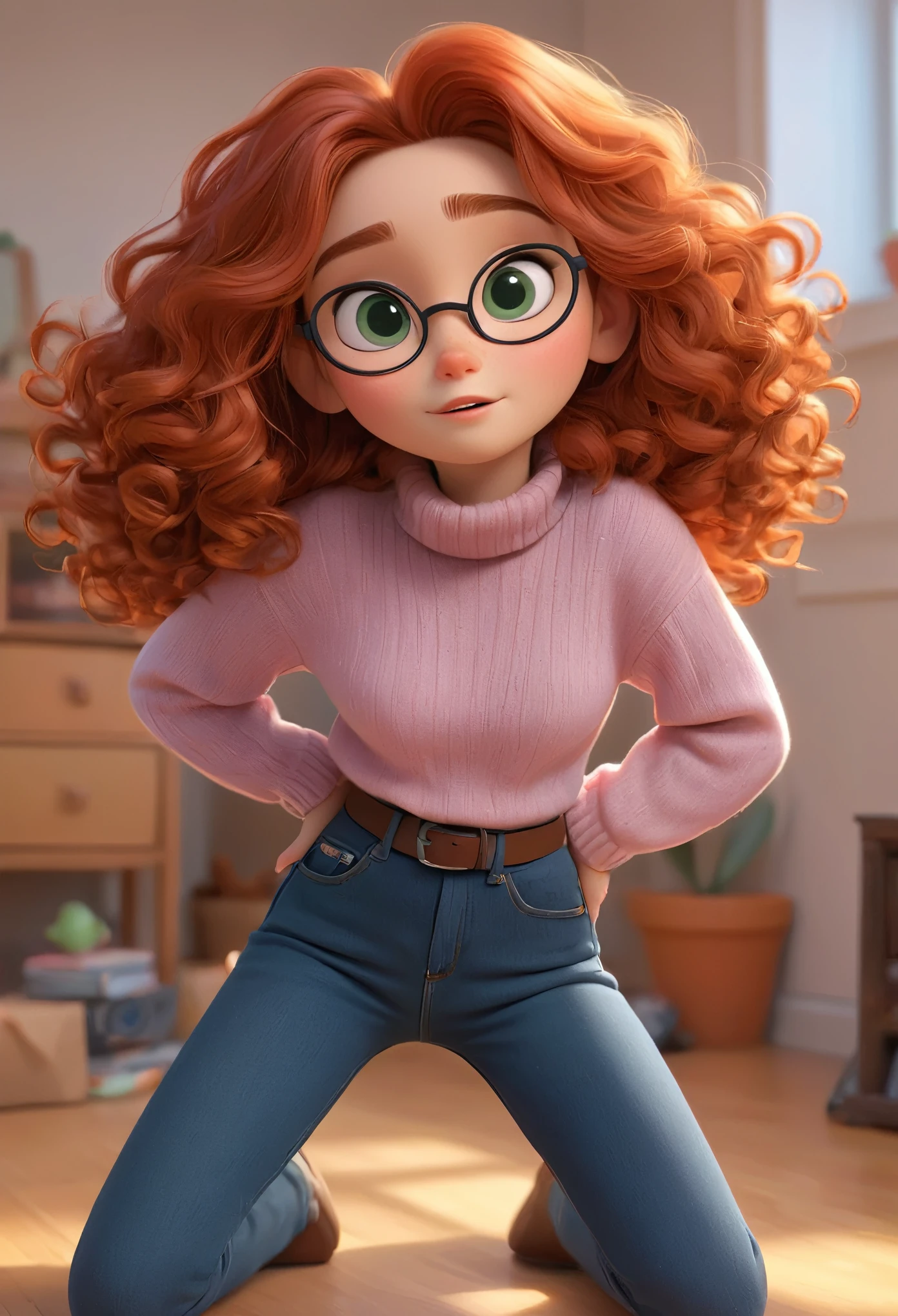 (disney pixar style:1.2) (cute adorable girl:1.15) ((masterpiece, best quality)), full body, (solo 0.6), red curly hair, long hair, green eyes, nipple outline, big breasts, young teenager, indoors, black glasses, pink turtleneck sweater, denim jeans, dynamic pose