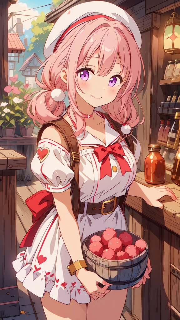 ((8k, Highest quality, masterpiece: 1.3)),Ultra-high resolution,(1 girl, alone), Highly detailed dark purple eyes, Highly detailed face, 
Inside a rustic, cozy tavern illuminated by warm lantern light, a lively anime-style girl stands alone. She has light pink hair styled into twintails, which curl slightly at the ends, giving her a playful and energetic look. She wears a red beret with fluffy white pompoms, matching the festive and cute elements of her outfit. Her attire is predominantly pink, with accents of white and black, decorated with heart motifs and gold armor elements, such as her shoulder guard and belt buckle. A heart-shaped cutout on her top adds a charming detail, emphasizing her vibrant personality.
The girl seems cheerful, perhaps chatting to herself or lost in thought, as she leans slightly against the wooden counter. Around her, the tavern is filled with charming details: wooden barrels, shelves stocked with various bottles and goods, and hanging plants that contribute to the medieval, market-town atmosphere. The quietness of the scene, with just the girl present, creates a peaceful yet vibrant moment, capturing the charm of solitude in an otherwise lively place.