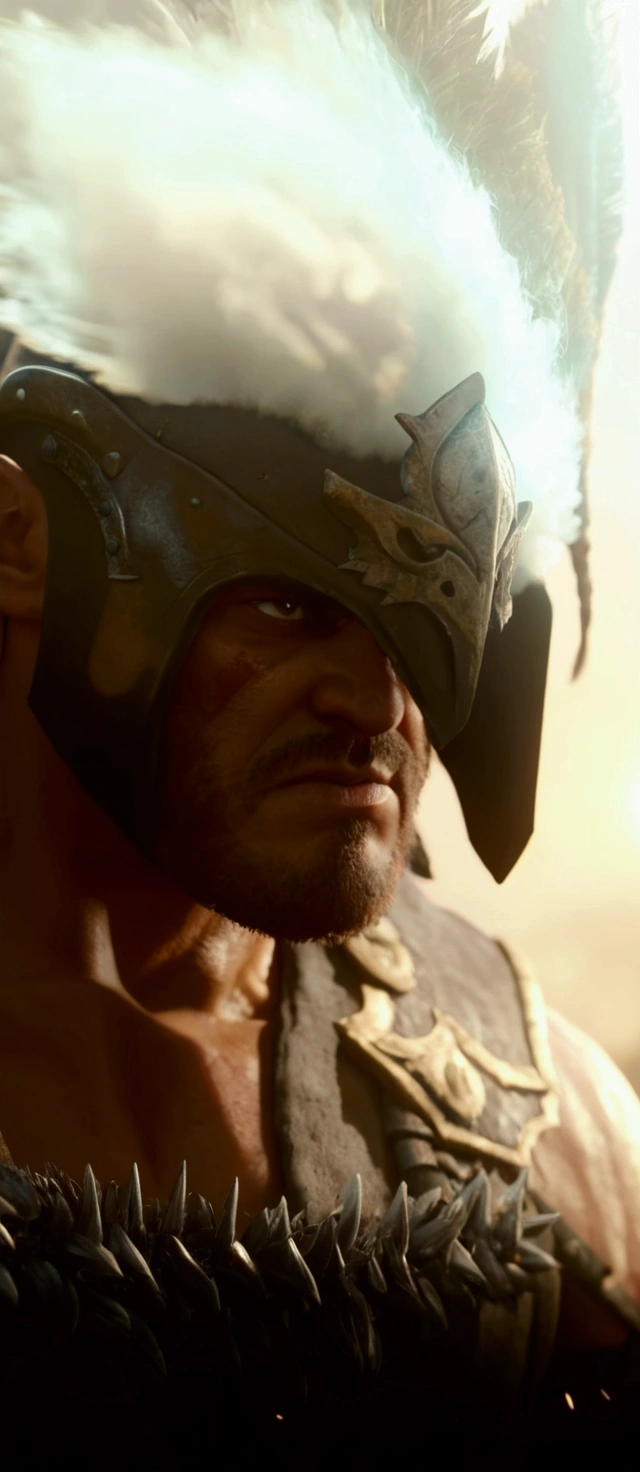 ((pixarstyle)) a waist-length portrait of a spartan male, warrior, dirt, scars, grunge, bare chest, natural skin texture, 4k textures, hdr, intricate, highly detailed, sharp focus, cinematic look, hyperdetailed