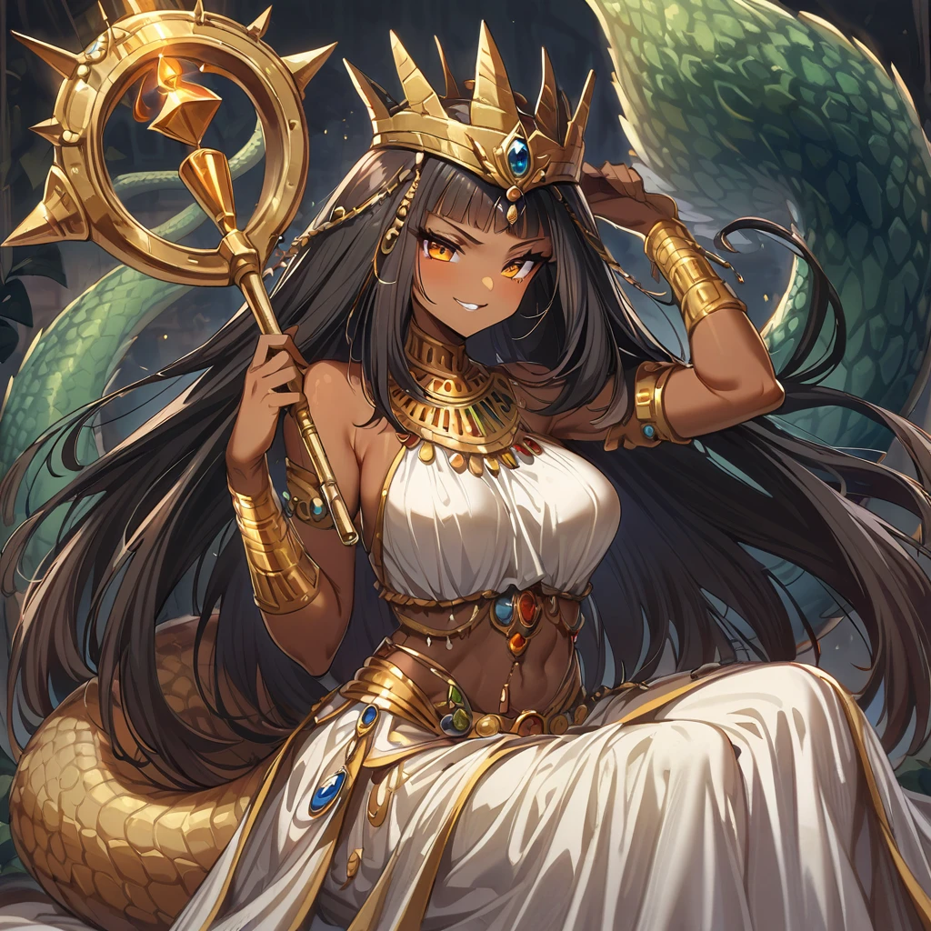 Anime, high detailed, 1 cute pettite girl, small, extremely large long hair, black hair, Egyptian queen, egyptian queen's clothes, egyptian queen's crown, yellow eyes, brown skin, large dress, large tail ((( reptilian tail))), scepter, reptilian wings, evil grin