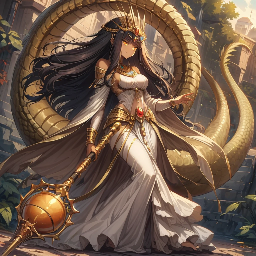 Anime, high detailed, 1 cute pettite girl, small, extremely large long hair, black hair, Egyptian queen, egyptian queen's clothes, egyptian queen's crown, yellow eyes, brown skin, large dress, large tail ((( reptilian tail))), scepter, reptilian wings, evil grin