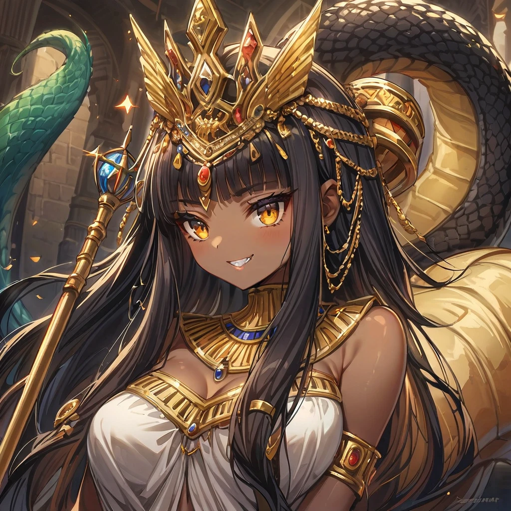 Anime, high detailed, 1 cute pettite girl, small, extremely large long hair, black hair, Egyptian queen, egyptian queen's clothes, egyptian queen's crown, yellow eyes, brown skin, large dress, large tail ((( reptilian tail))), scepter, reptilian wings, evil grin