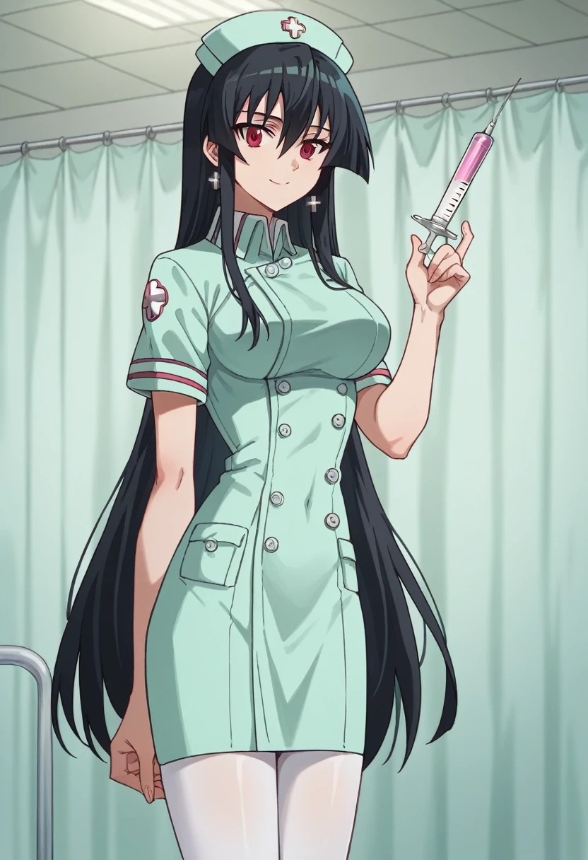 1girl,solo,akame, long hair, black hair, red eyes, hair between eyes,hud_nrse_vintg, white nurse cap, white pantyhose, mint green dress, white buttons, short sleeves, jewelry, earrings, breasts, mint green high heels,close up,standing, holding syringe, slight smile,background in hospital room