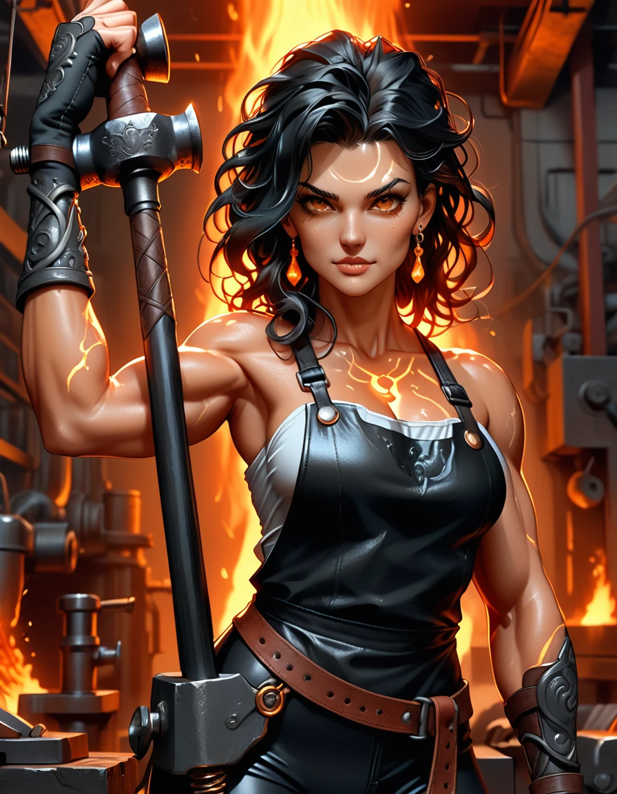 1woman, goddess of the forge, Hephaestus, ((blacksmith woman)), middle-aged woman in her 40s, ((high resolution)), intricately detailed facial features, detailed piercing eyes, refined jawline, masterpiece, 8k, UHD, HDR, overhead swing pose, cinematic lighting, dramatic shadows, warm color tones, intricate details, hyper-detailed, toned muscle physique, ((medium length wavy ember-like hair)), molten iron hair, burn scars on chest and arms, (wearing leather apron, apron with glowing symbols), (button up shirt, tight, black) , (yoga pants, skintight, white), (work boots, flat heeled, black), ((swings a huge smithy hammer in one hand over her head)), smith's hammer glows, standing in front an angelic anvil, (set inside a massive automated factory:1.37), battle hammer, (spl1th41r, two tone hair, red/black hair)