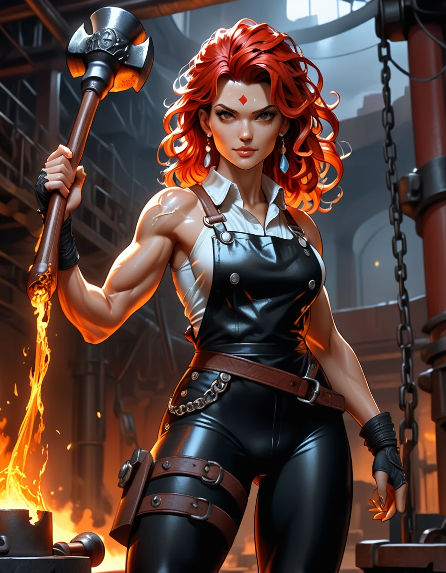 1woman, goddess of the forge, Hephaestus, ((blacksmith woman)), middle-aged woman in her 40s, ((high resolution)), intricately detailed facial features, detailed piercing eyes, refined jawline, masterpiece, 8k, UHD, HDR, overhead swing pose, cinematic lighting, dramatic shadows, warm color tones, intricate details, hyper-detailed, toned muscle physique, ((medium length wavy ember-like hair)), molten iron hair, burn scars on chest and arms, (wearing leather apron, apron with glowing symbols), (button up shirt, tight, black) , (yoga pants, skintight, white), (work boots, flat heeled, black), ((swings a huge smithy hammer in one hand over her head)), smith's hammer glows, standing in front an angelic anvil, (set inside a massive automated factory:1.37), battle hammer, (spl1th41r, two tone hair, red/black hair)