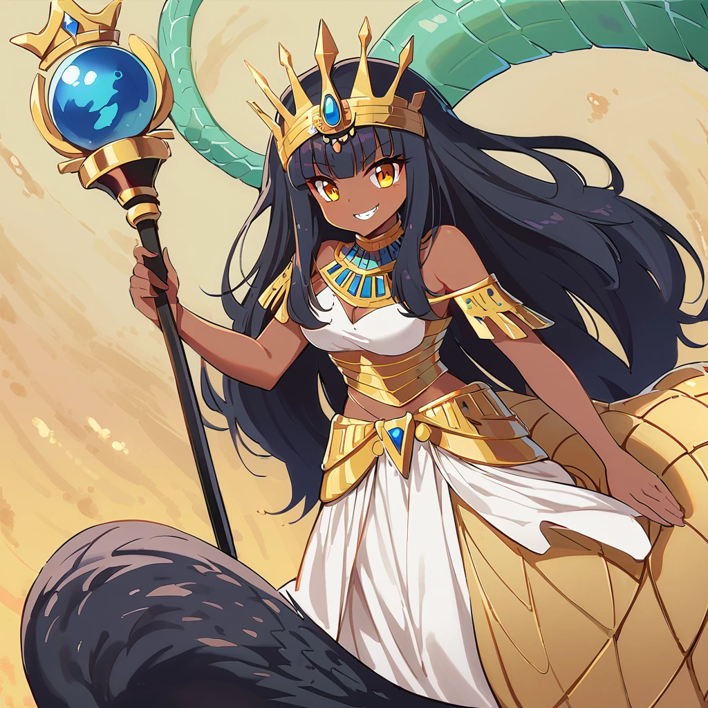 Anime, high detailed, 1 cute pettite girl, small, extremely large long hair, black hair, Egyptian queen, egyptian queen's clothes, egyptian queen's crown, yellow eyes, brown skin, large dress, large tail ((( reptilian tail))), scepter, reptilian wings, evil grin