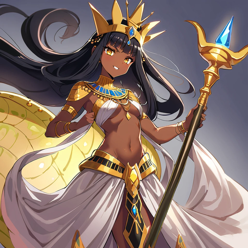 Anime, high detailed, 1 cute pettite girl, small, extremely large long hair, black hair, Egyptian queen, egyptian queen's clothes, egyptian queen's crown, yellow eyes, brown skin, large dress, large tail ((( reptilian tail))), scepter, reptilian wings, evil grin