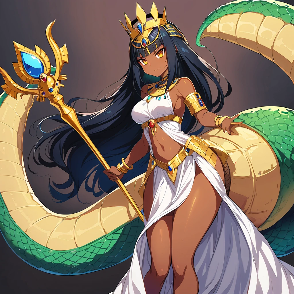 Anime, high detailed, 1 cute pettite girl, small, extremely large long hair, black hair, Egyptian queen, egyptian queen's clothes, egyptian queen's crown, yellow eyes, brown skin, large dress, large tail ((( reptilian tail))), scepter, reptilian wings, evil grin