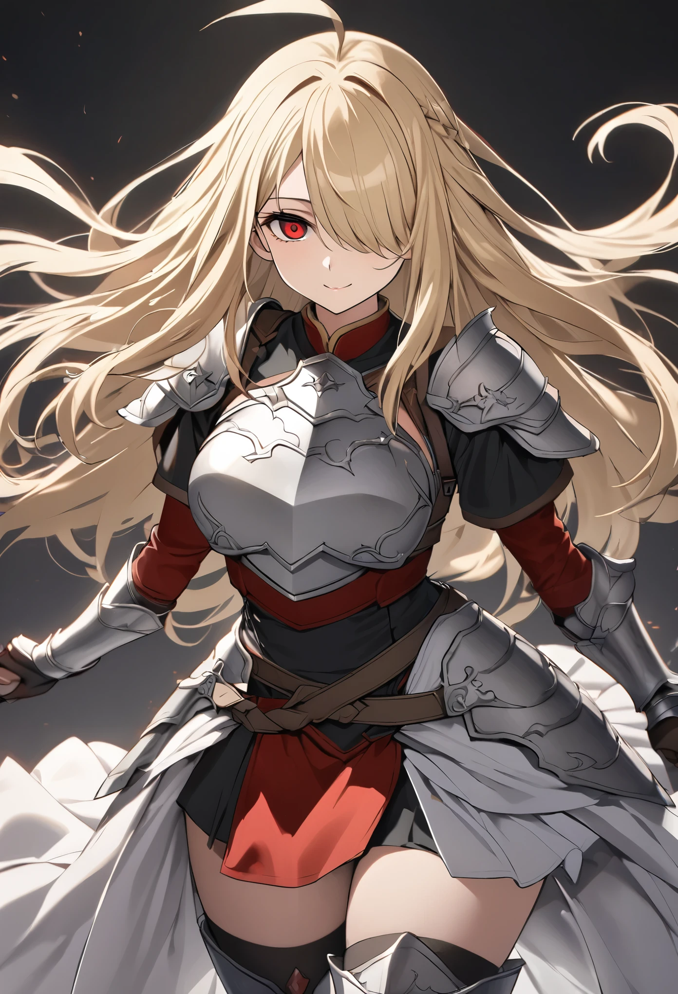 (high-quality, breathtaking),(expressive eyes, perfect face) 1girl, female, solo, mature, half open eyes, Alicization, Symmetrical Eyes, simple background, gentle smile, long hair, fantasy outfit, SAO inspired, maomao, armor, chest plate, sword art online outfit, cowboy shot, medium full shot, light blonde hair, bangs, alluring red eyes, large breasts, knight attire, Bicep-high Gauntlets, Armored Boots, Thigh-high Heeled Boots, Armored Gauntlets, Adventurer gear, battle Skirt, black white and gray palette, black clothes, dark gray accents on clothes, hair between eyes, fluffy hair, half open eyes, hair over one eye, small Ahoge, pale blonde hair color, bright red eye color, straight hair, (NO braids in hair)