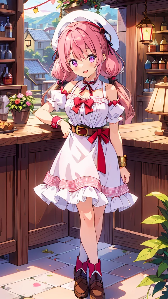 ((8k, Highest quality, masterpiece: 1.3)),Ultra-high resolution,(1 girl, alone), Highly detailed dark purple eyes, Highly detailed face, 
Inside a rustic, cozy tavern illuminated by warm lantern light, a lively anime-style girl stands alone. She has light pink hair styled into twintails, which curl slightly at the ends, giving her a playful and energetic look. She wears a red beret with fluffy white pompoms, matching the festive and cute elements of her outfit. Her attire is predominantly pink, with accents of white and black, decorated with heart motifs and gold armor elements, such as her shoulder guard and belt buckle. A heart-shaped cutout on her top adds a charming detail, emphasizing her vibrant personality.
The girl seems cheerful, perhaps chatting to herself or lost in thought, as she leans slightly against the wooden counter. Around her, the tavern is filled with charming details: wooden barrels, shelves stocked with various bottles and goods, and hanging plants that contribute to the medieval, market-town atmosphere. The quietness of the scene, with just the girl present, creates a peaceful yet vibrant moment, capturing the charm of solitude in an otherwise lively place.