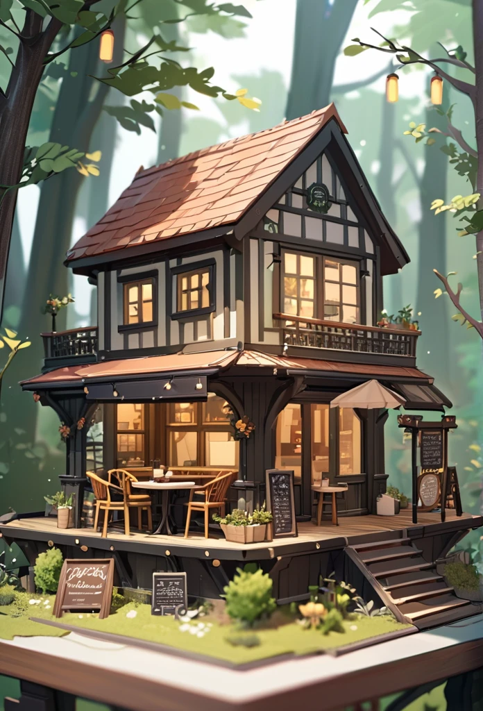 (Miniature House),(Exquisitely crafted),In the woods,(Cute coffee shop),Light production