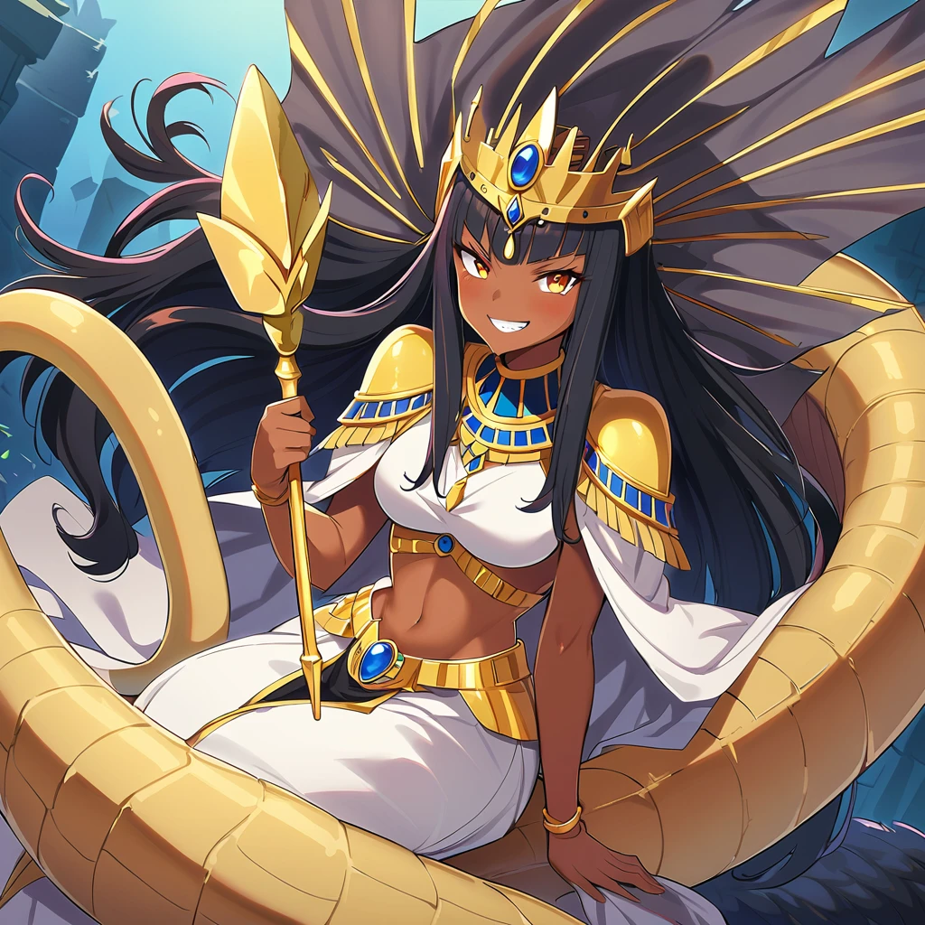 Anime, high detailed, 1 cute pettite girl, small, extremely large long hair, black hair, Egyptian queen, egyptian queen's clothes, fur cape (((royal cape))), egyptian queen's crown, yellow eyes, brown skin, large dress, large tail ((( reptilian tail))), scepter, reptilian wings, evil grin, wicked smile