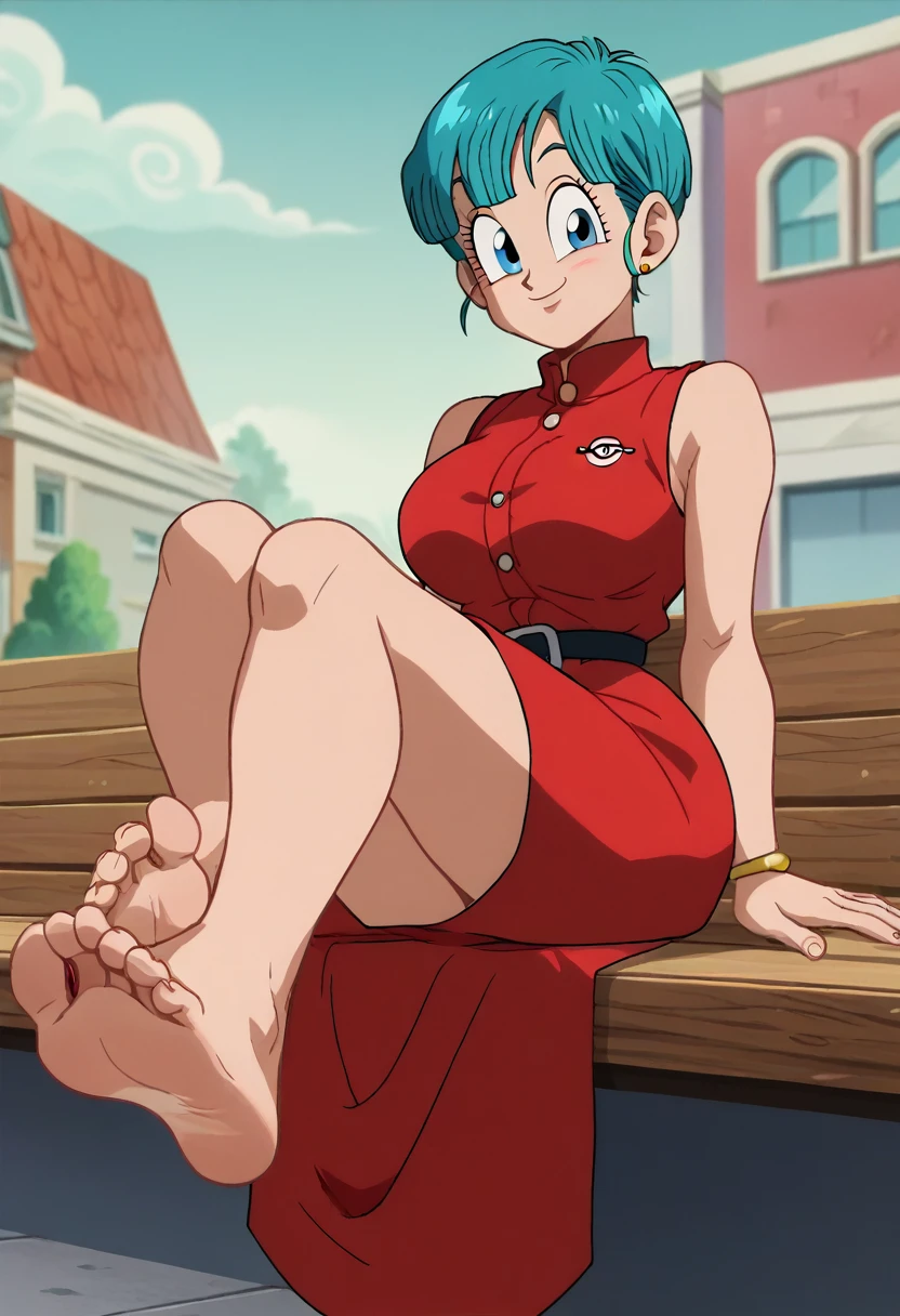 source_animé, puntaje_9, puntaje_8_arriba, puntaje_7_arriba, animé screencap,8k, absurdo res, Bulma, 1 girl, solo, blue hair, sleeveless dress, barefoot, soles, feet, toes, feet focus, sitting on bench, floor, building, outdoors, big breasts, wide hips, seductive smile, seductive look, feet up, legs up, blue eyes, red elegant dress, thooty smile