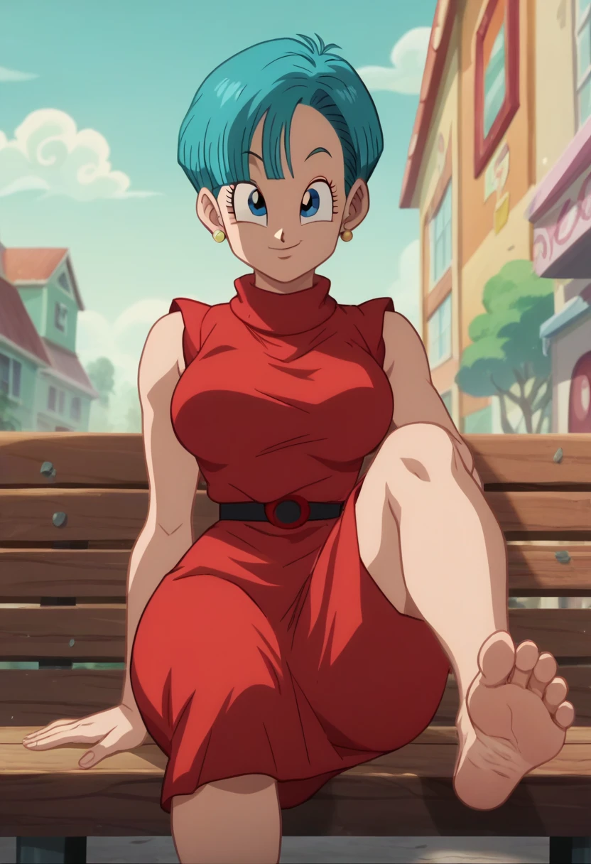 source_animé, puntaje_9, puntaje_8_arriba, puntaje_7_arriba, animé screencap,8k, absurdo res, Bulma, 1 girl, solo, blue hair, sleeveless dress, barefoot, soles, feet, toes, feet focus, sitting on bench, floor, building, outdoors, big breasts, wide hips, seductive smile, seductive look, feet up, legs up, blue eyes, red elegant dress, thooty smile