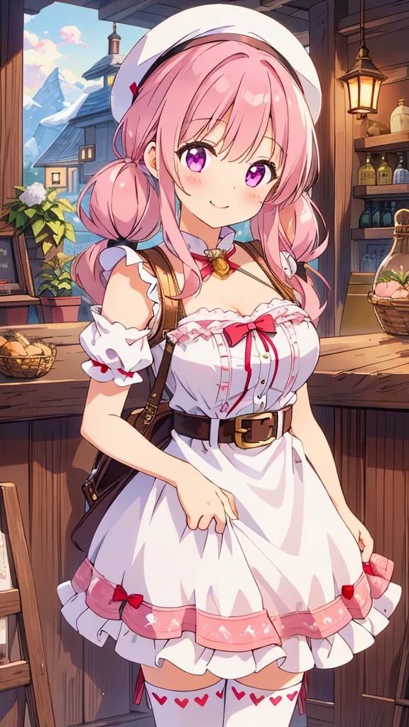 ((8k, Highest quality, masterpiece: 1.3)),Ultra-high resolution,(1 girl, alone), Highly detailed dark purple eyes, Highly detailed face, 
Inside a rustic, cozy tavern illuminated by warm lantern light, a lively anime-style girl stands alone in the evening. She has light pink hair styled into twintails, which curl slightly at the ends, giving her a playful and energetic look. She wears a red beret with fluffy white pompoms, matching the festive and cute elements of her outfit. Her attire is predominantly pink, with accents of white and black, decorated with heart motifs and gold armor elements, such as her shoulder guard and belt buckle. A heart-shaped cutout on her top adds a charming detail, emphasizing her vibrant personality.
The girl seems cheerful, perhaps chatting to herself or lost in thought, as she leans slightly against the wooden counter. Her mouth is closed. Around her, the tavern is filled with charming details: wooden barrels, shelves stocked with various bottles and goods, and hanging plants that contribute to the medieval, market-town atmosphere. The quietness of the scene, with just the girl present, creates a peaceful yet vibrant moment, capturing the charm of solitude in an otherwise lively place.