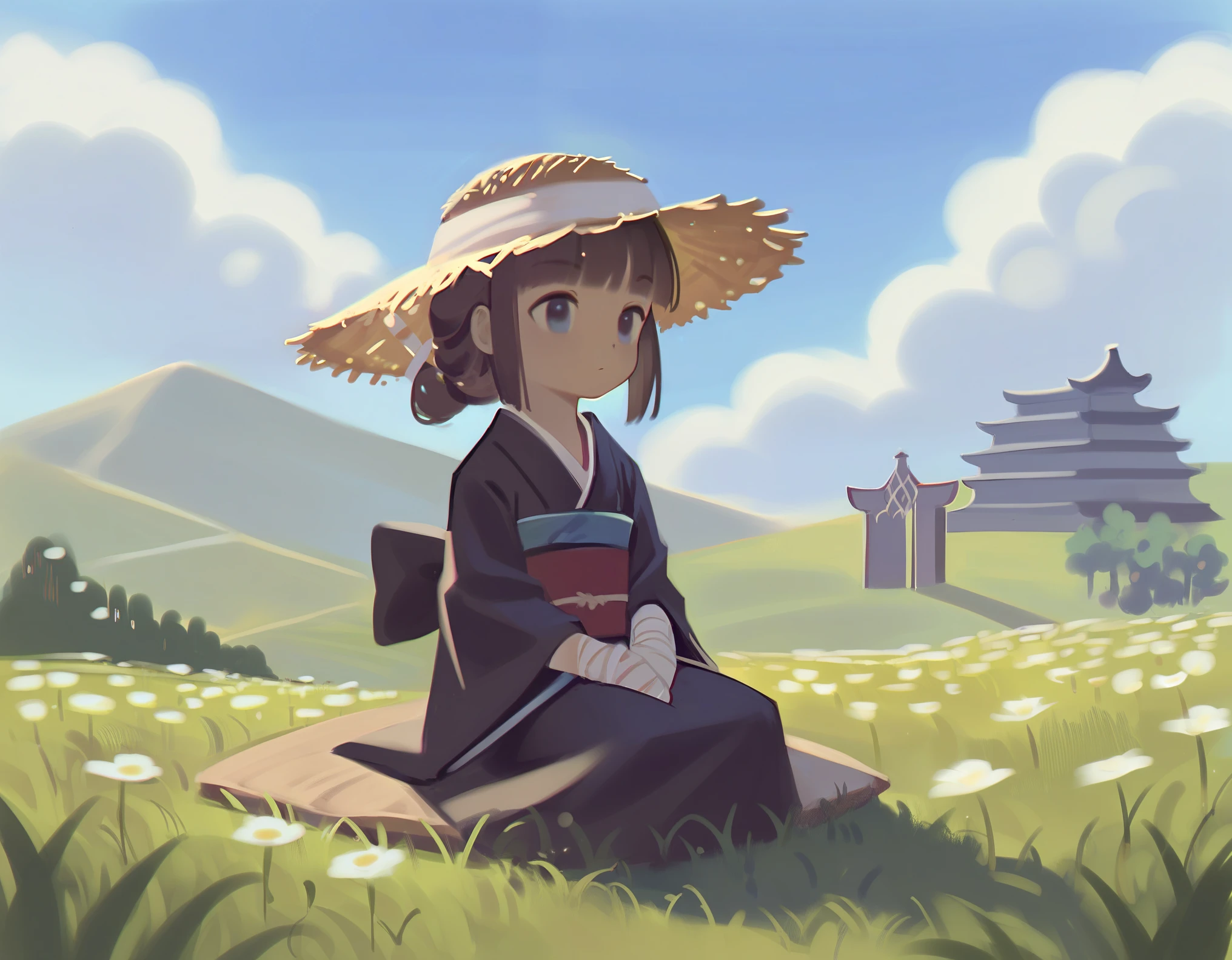 score_9, score_8_up, score_7_up, BREAK by mossacannibalis, Masterpiece, 1girl, torso shot, BKSTL, monochome, greyscale, Samurai aesthetic, 1girl, sitting on grass, farmland background, Straw hat, bandaged forearms, bandaged chest, traditional Japanese Kimono, cute, peaceful, lovely, amazing