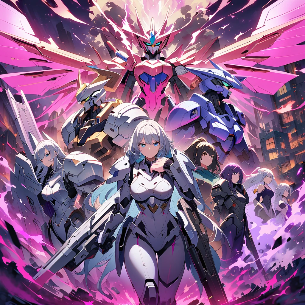 Anime, high detailed, multiple womans, mature womans, platinum-like mecha armor, large mechanical wings, large Gauntlet, serious, curvy body, long mechanical wings, mecha weapons、Colored armors、magenta Colored aura、BLUE Eyes, elongated pupils,  Mature Woman、magenta aura、womans surrounding, background a crumbled city