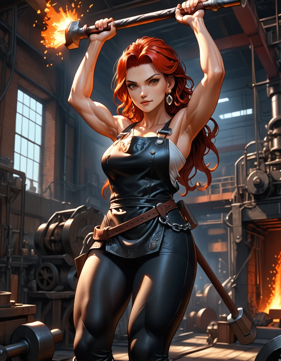 1woman, goddess of the forge, Hephaestus, ((blacksmith woman)), middle-aged woman in her 40s, ((high resolution)), intricately detailed facial features, detailed piercing eyes, refined jawline, masterpiece, 8k, UHD, HDR, overhead swing pose, cinematic lighting, dramatic shadows, warm color tones, intricate details, hyper-detailed, toned muscle physique, ((ember hair, medium length, wavy)), burn scars on chest and arms, (wearing leather apron, apron with glowing symbols), (button up shirt, tight, black) , (yoga pants, skintight, white), (work boots, flat heeled, black), ((swings a huge smithy hammer in one hand over her head)), smith's hammer glows, standing in front an molten iron anvil, (set inside a massive automated factory:1.37), battle hammer, (spl1th41r, two tone hair, red/black hair)