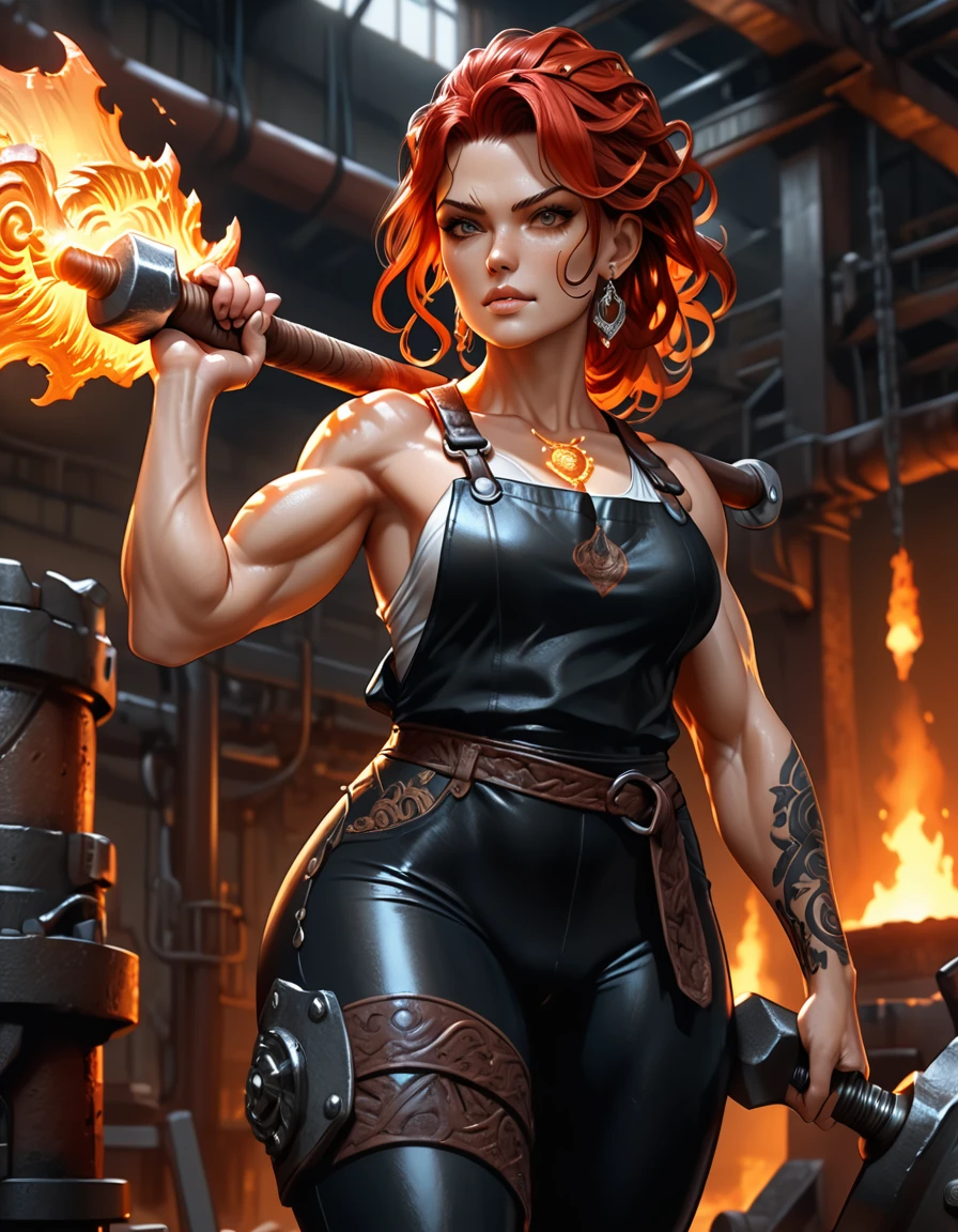 1woman, goddess of the forge, Hephaestus, ((blacksmith woman)), middle-aged woman in her 40s, ((high resolution)), intricately detailed facial features, detailed piercing eyes, refined jawline, masterpiece, 8k, UHD, HDR, overhead swing pose, cinematic lighting, dramatic shadows, warm color tones, intricate details, hyper-detailed, toned muscle physique, ((ember hair, medium length, wavy)), burn scars on chest and arms, (wearing leather apron, apron with glowing symbols), (button up shirt, tight, black) , (yoga pants, skintight, white), (work boots, flat heeled, black), ((swings a huge smithy hammer in one hand over her head)), smith's hammer glows, standing in front an molten iron anvil, (set inside a massive automated factory:1.37), battle hammer, (spl1th41r, two tone hair, red/black hair)