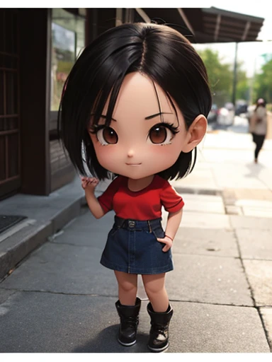 A latina chibi girl, by black, brown eyes, beautiful, foreground,  fringe, curvy latina 