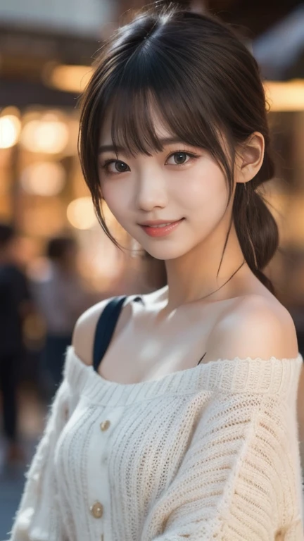 Lip balm、White brown hair: 1.5、ponytail、masterpiece、1 beautiful girl、Detailed eyes、highest quality, 超A high resolution, (Reality: 1.4), Cinema Lighting、Beautiful Skin、Slender、Body facing forward、(Surreal)、(High resolution)、(8k)、(Very detailed)、(Beautiful and detailed eyes)、(Ultra-detailed)、 (wallpaper)、Detailed face、View your viewers、Winters、、30th Generation、Knit dress、Asymmetrical bangs 、Giggling、