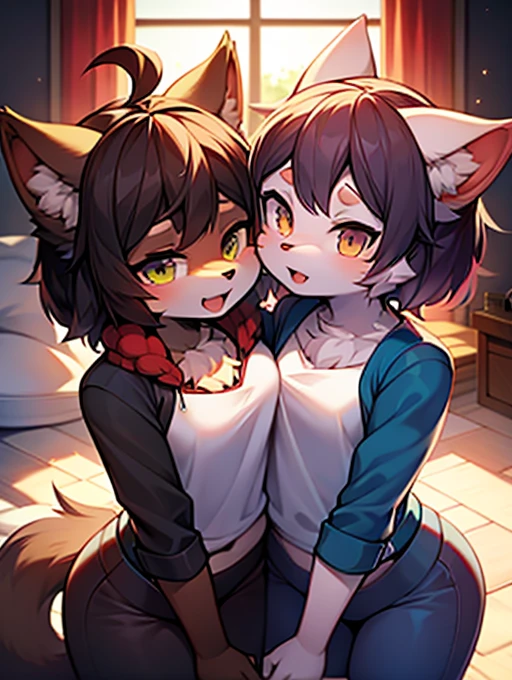 Anime couple wearing cat ears kissing in bed, Kiss together cutely, pov fur art, fur art!!!, Kiss together, fur art, (software) Safe at Work, very very beautiful fur art, Kiss each other, lick, commission for high res, Detailed fan art, A nice kiss, Furry Anime, Fursona Art, commission