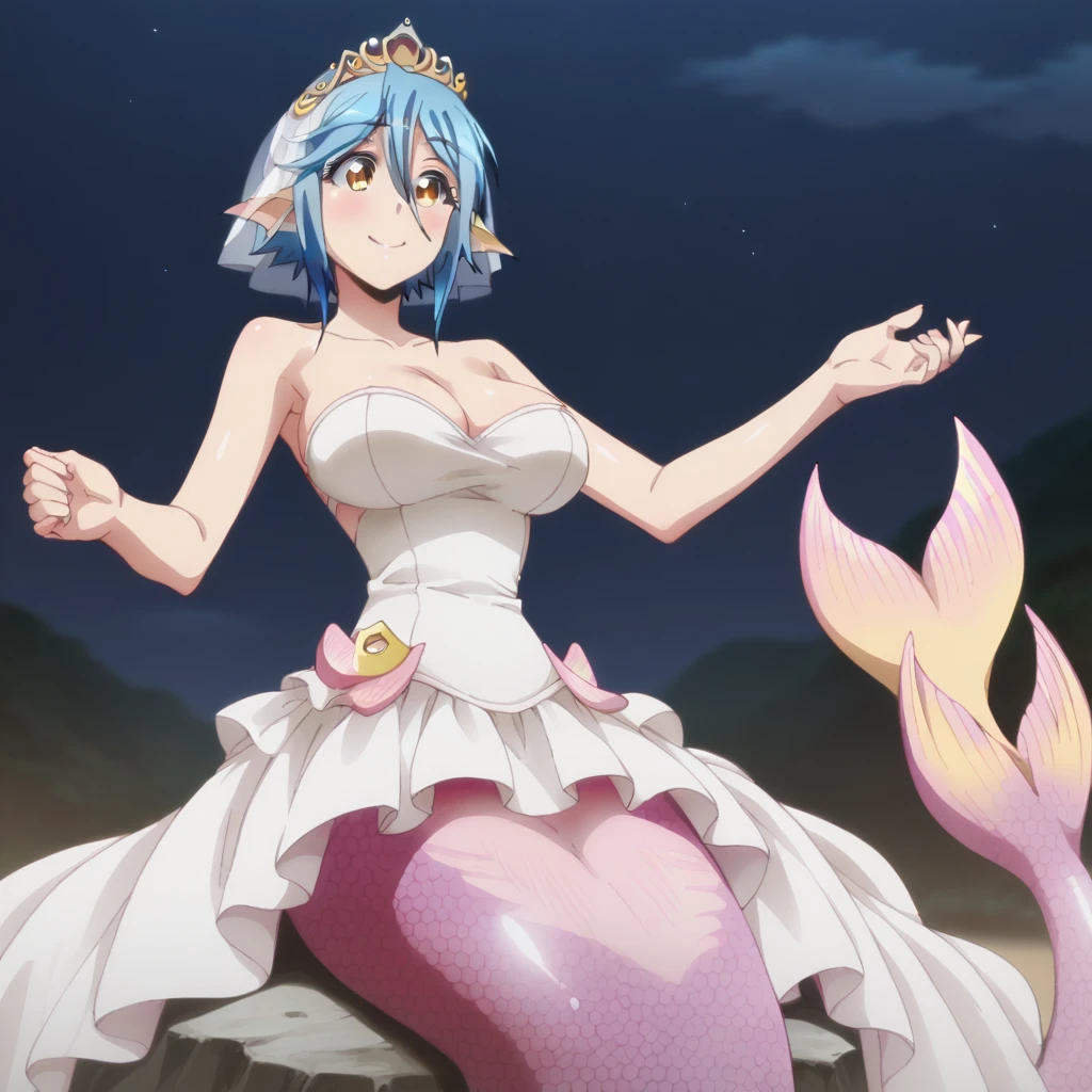 Papi Harpy, Mermaid, pink mermaid tail, mermaid tail below waistline, scales mermaid tail, short hair, blue hair, yellow eyes, fin ears, pink fin ears, large breasts, cleavage, crown ornament hair, wedding dress, belly, gown skirt, sit on rock at beach, night, smile, large breasts, cleavage,