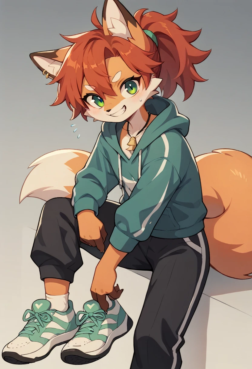 Excited expression, 1boy, (femboy), anthro, furry, fur, fluffy fur, fox boy, yellow fur body, fluffy, long yellow hair, purple highlights, messy hair, (19 years), solo, (school grass field), detailed, sweating, (hair covering one eye), wearing black short sport shorts, medium bulge, wearing a long sleeve shirt, walking, dynamic pose, score_9, score_8_up, score_7_up, score_6_up, score_5_up, score_4_up, nsfw