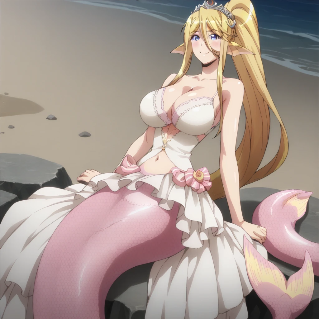 Centorea Sianus, Mermaid, pink mermaid tail, mermaid tail below waistline, scales mermaid tail, long hair, blonde hair, ponytail hair, blue eyes, fin ears, pink fin ears, large breasts, cleavage, crown ornament hair, wedding dress, belly, gown skirt, sit on rock at beach, night, smile, large breasts, cleavage,