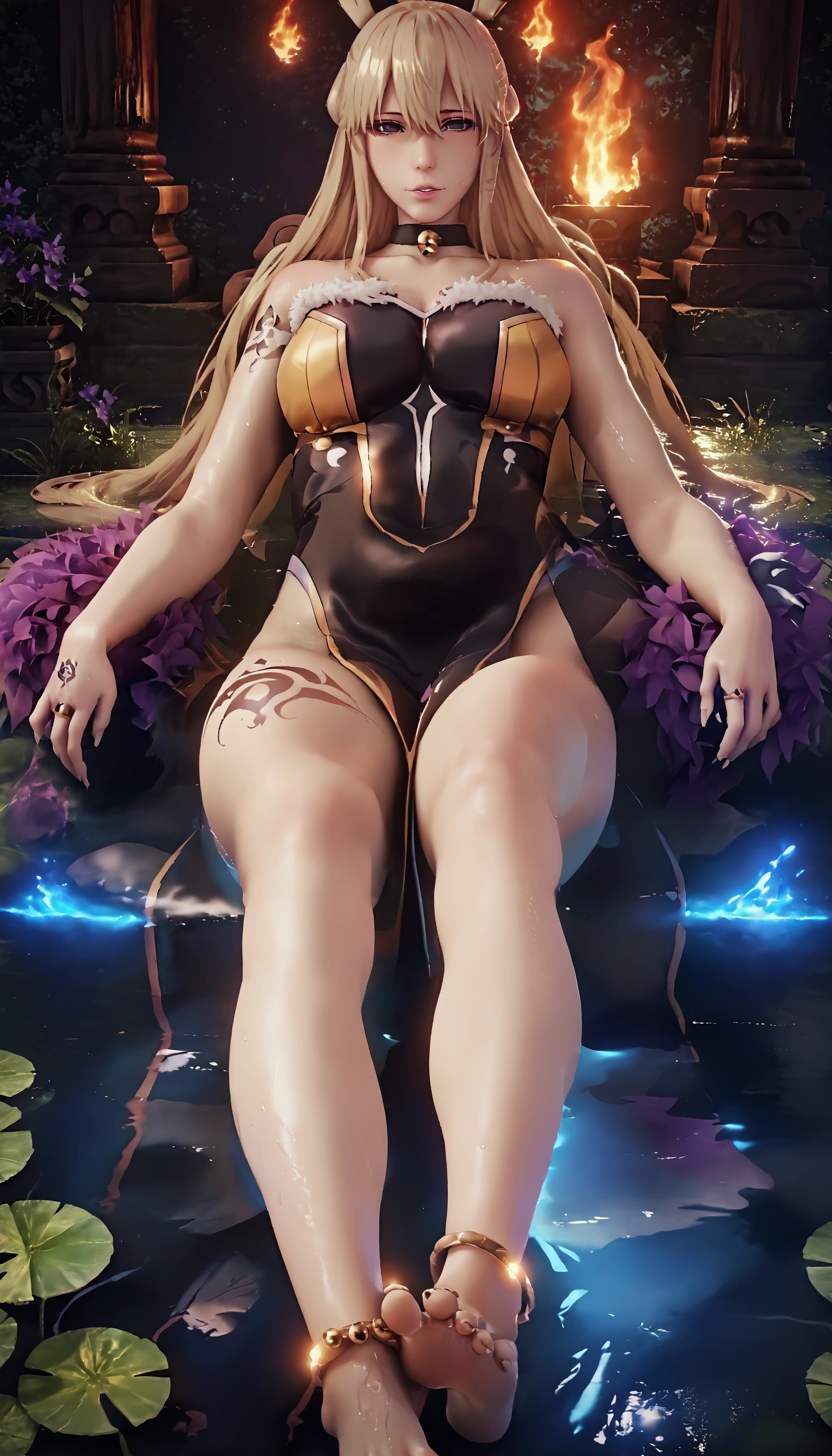 Anime girl. Long yellow blonde hair. purple eyes. Wet skin. Nude, no clothing. Massive breasts. nipples. Laying on back. ((Legs spread apart)) Vulva, vagina. 1girl. Solo. Beach. Ocean. Water. Wet skin. Arms above head. :Character: Yang Xiao Long