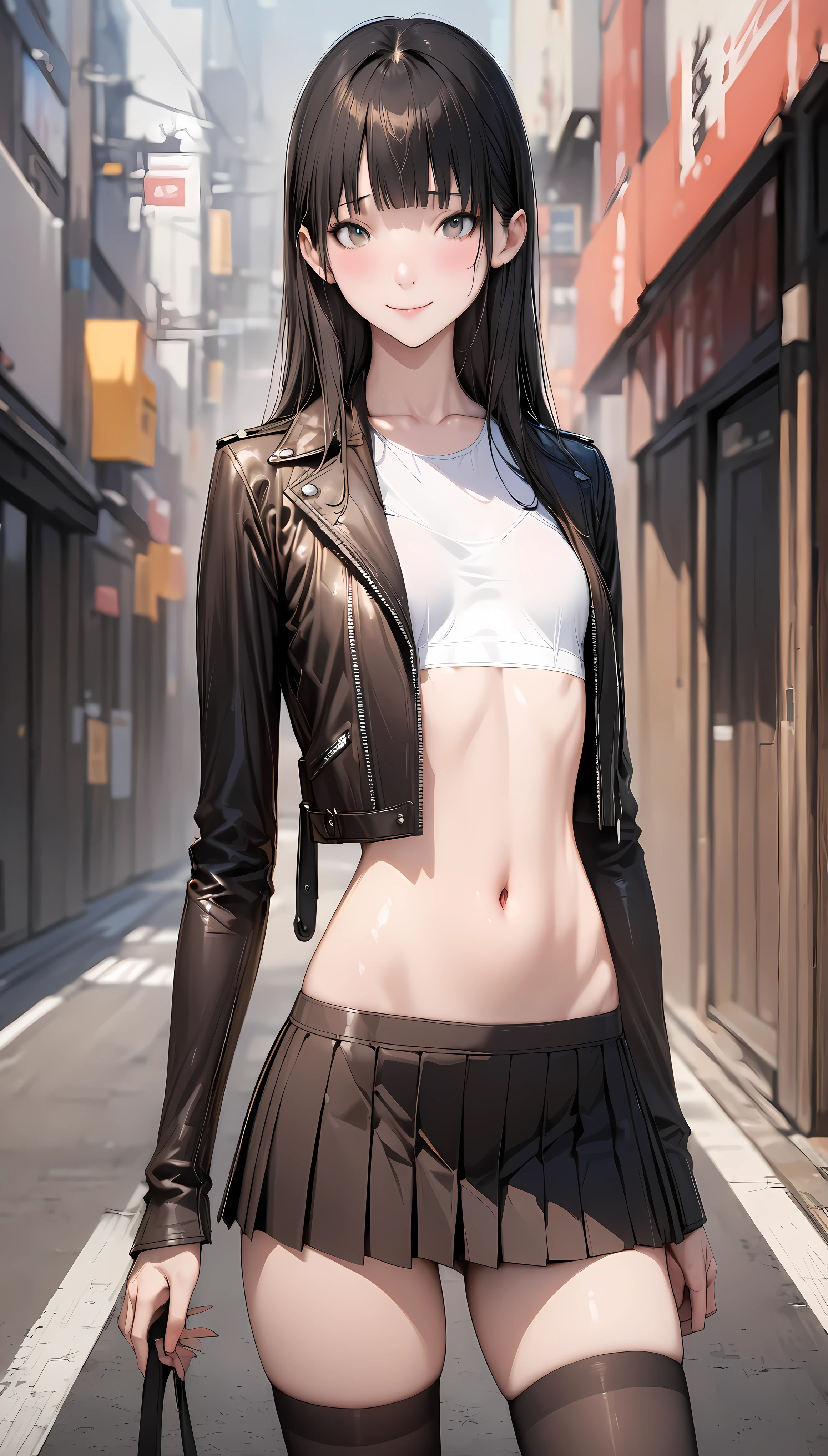 ((masterpiece,Best Quality:1.3,best quality illustrations)),((realistic)),portrait,cowboy shot,1 woman,adult,straight long hair,black hair,very small head,bangs,gray eyes,(gorgeous eyes),smile,shy,very long body,small breasts,(Black leather rider jacket)、Long sleeve、Cropped length、(pleated black miniskirt),black_thighhighs,White tank top、navel、slender body,toned body,standing,on road,Tokyo、