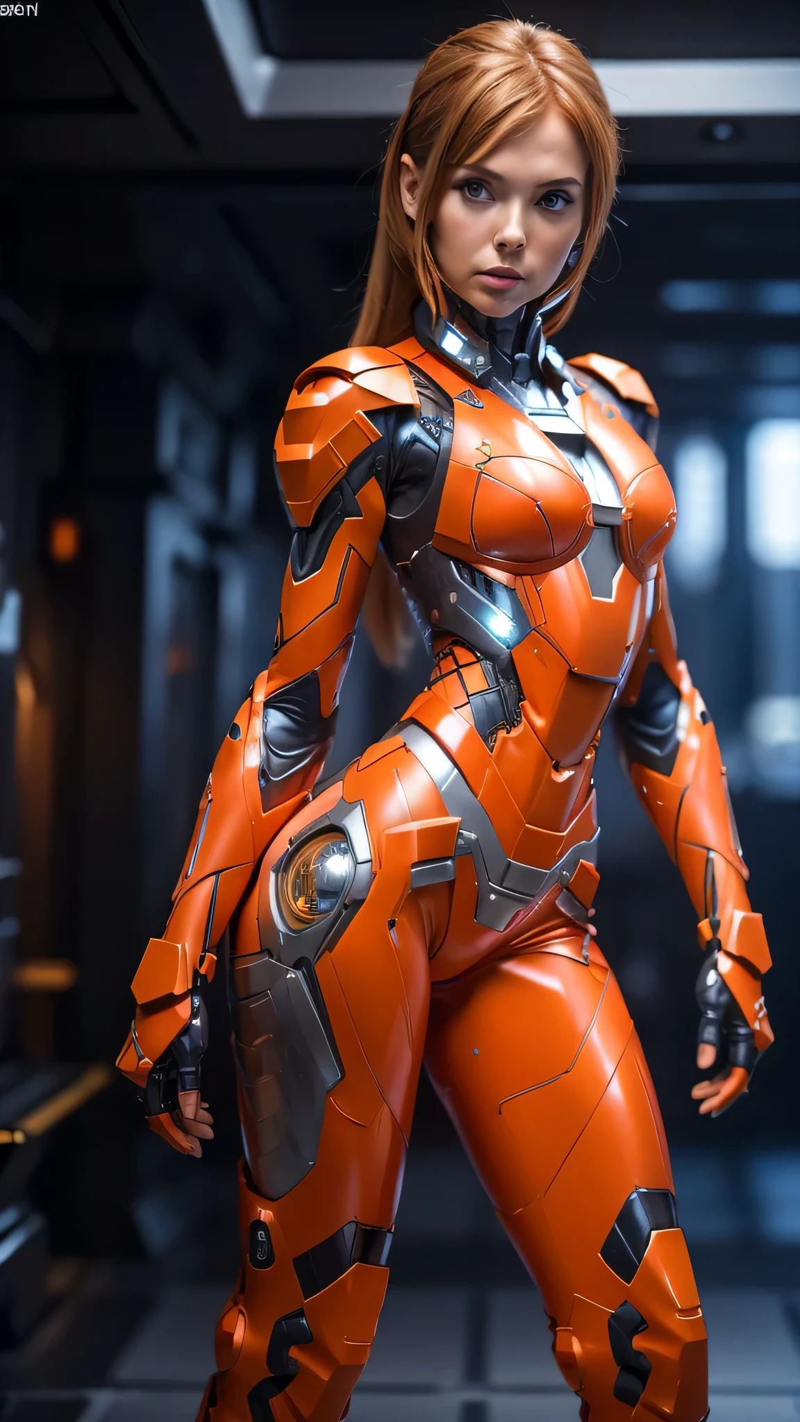 ((masterpiece, 8K, 3d, actual, Super details)), (1 girl:1.3), slim , ultramicrophotography, Karen Gillan Super Reality, perfect face, 16K resolution, 4K resolution, The photo was taken from the front, Face the photographer, foreground photo, dynamic lighting, HD resolution, beautiful features, ((Perfect female Body)) beautiful features, ( Body), ((small hips)), (((2 piece bikini))), Sci-fi future iron man ((Bionic orange chest metal armor suit)), futuristic soldier, ((Showing thighs)), Bare skin, Front Full Body Shot, full Body portrait, futuristic city background