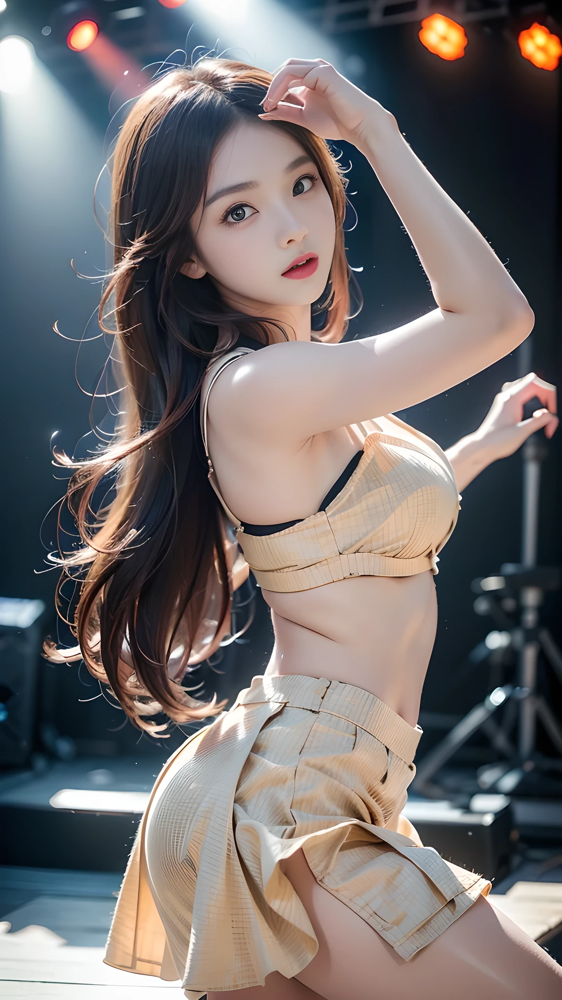 (A hyper-realistic), (illustratio), (high resolucion), (8K), (A highly detailed), (The best illustrations), (Beautiful detailed eyes), (Top Quality), (Very detailed), (masterpiece), (golf course), (Detailed face), Solo, 1 Girl, White wavy hair, South Korean, Dichromatic eyes, large full breasts, Long leg, firm abs, camel toes, dynamic posing,Skirt fluttering in the wind,Thin tops,short skirts,20 years old,Grab the skirt with one hand,,