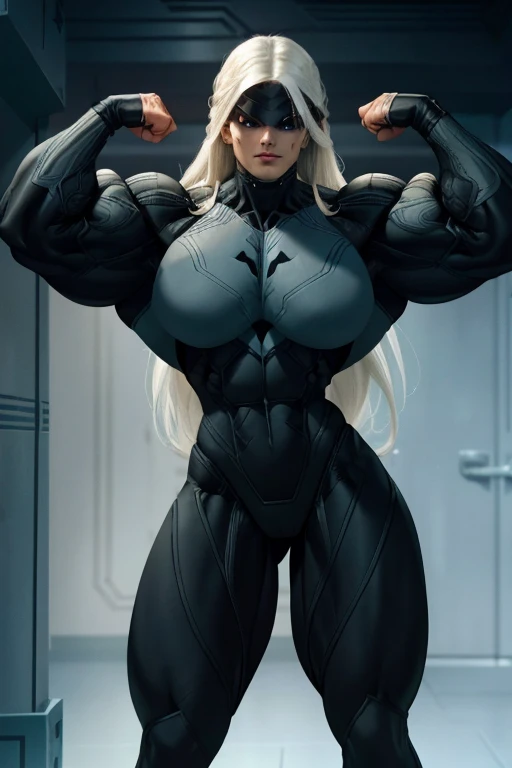 ((Close-up)), tall, (White hair) beautiful muscular woman, long straight hair, brown skinned, closed smile, large breast, (black lipstick), (massive muscles), (hyper muscle), (((ginormous bulky muscles))), blue eyes, (((((stealth suit))))), (((stealth pants))), (fingerless gloves), (choker), in a city 