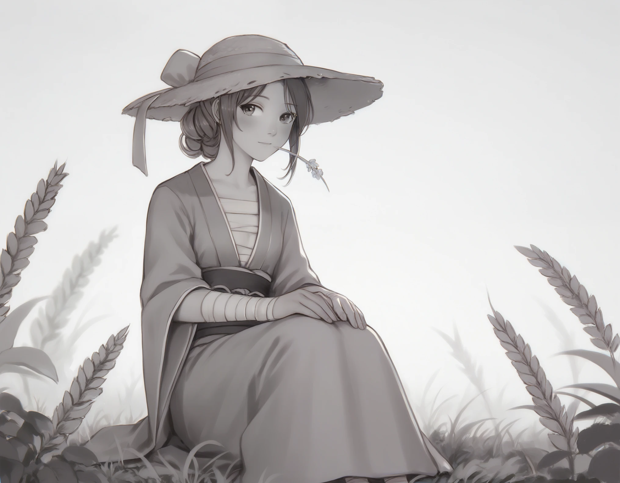 score_9, score_8_up, score_7_up, BREAK by mossacannibalis, Masterpiece, 1girl, torso shot, monochome, greyscale, Samurai aesthetic, 1girl, sitting on grass, farmland background, Straw hat, bandaged forearms, bandaged chest, traditional Japanese Kimono, cute, peaceful, lovely, amazing