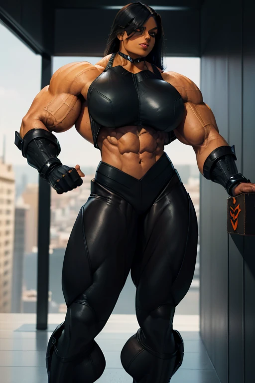 (1 girl), (cara delevingne:1.25), ((wide shoulders:1.25)), (woman wearing a dominatrix outfit with huge tits:1.5), (full body pose:1.25), (ten pack abs:1.25), (full body view:1.25), ((large muscular veiny breasts:1.25)), choker, (sculpted muscles:1.25), detailed eyes, (muscular body:1.25), (looking at viewer), (smile:1.25, (blank dark background:1.5), in the art style of peter mohrbacher